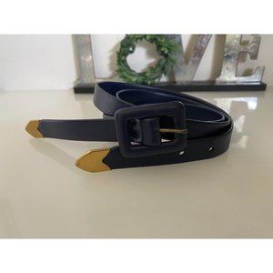 Womens Double Strands Belt Skinny Navy Blue Gold Tone Accent 29"-32" Size 16 Vtg